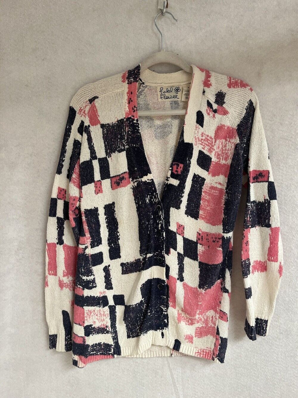 Field FLower Anthropologie Pink Blue Experimental Graphics Cardigan Sweater Med